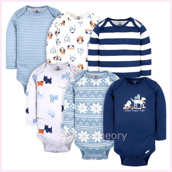 6-Pack Long-Sleeve Onesies Bodysuits 100% Ribbed Cotton Infant Size